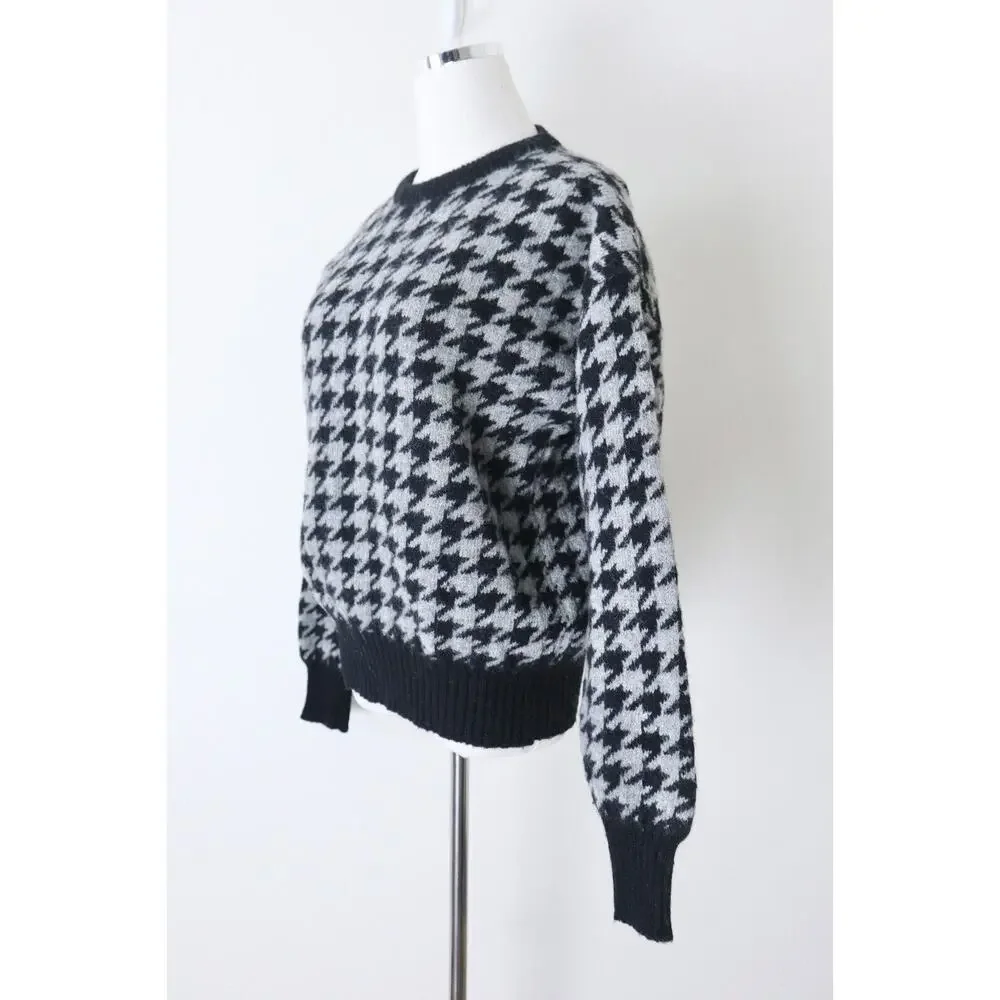 Vintage 1980s CREW Shetland Wool Houndstooth Sweater Pullover Black Gray